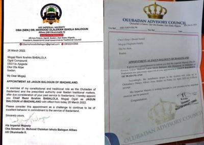 CONFUSION IN IBADAN AS TWO MOGAJIS RECEIVE LETTERS OF PROMOTION TO THE POST OF JAGUN BALOGUN